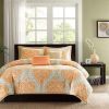 California King size 5-Piece Comforter Set in Orange Damask Print