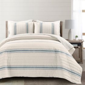 California King Blue Off-White Cream Stripe 3 Piece Reversible Cotton Quilt Set