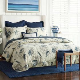 Queen size 100-Percent Cotton 3-Piece Bedspread Quilt Set Ocean Beach Sea Shells Marine Starfish