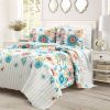 Full/Queen Lightweight Floral Teal Blue Pink White 3-Piece Polyester Quilt Set