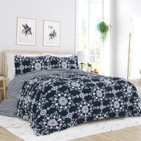 Full/Queen size 3-Piece Navy Blue White Reversible Floral Striped Comforter Set