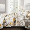 King size 3 Piece White Yellow Grey Reversible Floral Birds Cotton Quilt Set