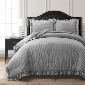 King/California King Grey White Stripe Ruffle Reversible 3 Piece Comforter Set