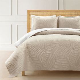 Full/Queen Lightweight Fern Leaf Reversible 3-PC White Beige Cotton Quilt Set