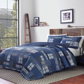 King size 100-Percent Cotton Reversible 3 Piece Blue Patchwork Quilt Set