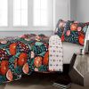 King size Boho Floral Red Poppy Navy Teal Lightweight 3 Piece Cotton Quilt Set