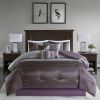 Queen Size 7 Piece Bed In A Bag Comforter Set Faux Silk Purple Gray Stripes