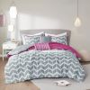 Twin Reversible Comforter Set with Grey White Purple Pink Chevron Pattern