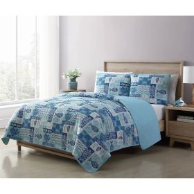 Full/Queen Aqua Blue Cream Beach Sea Shells Coral Fish Coastal 3-Piece Quilt Set