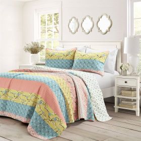 Full/Queen Blue Yellow Pink Ivory Boho Floral Reversible Lightweight Quilt Set