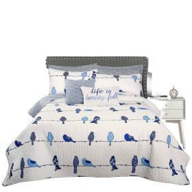 Full/Queen Blue White Navy Floral Birds On Wire Lightweight 7 Piece Quilt Set