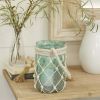 DecMode Blue Glass Decorative Candle Lantern with Rope Handle