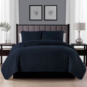 Full Queen 3-Piece Navy Blue Polyester Microfiber Reversible Diamond Quilt Set